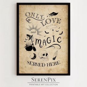 Only Love And Magic Served Here, Kitchen Witch, Unique Halloween Art, Vintage Witch Art, Halloween Art Print, Wall Decor, Digital Download
