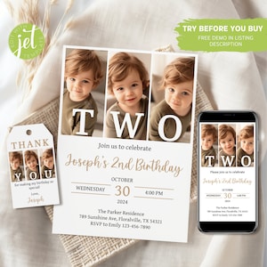 Modello di invito per il 2° compleanno minimale modificabile, invito per il 2° compleanno, due anni, invito per il 2° compleanno di un bambino con foto, digitale