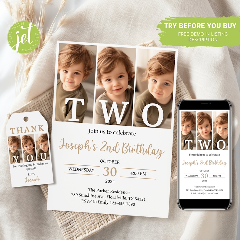 May include: A printable invitation for a child's second birthday party. The invitation features a photo of a young boy with the word "TWO" in large white letters. The invitation includes the date, time, and location of the party. The invitation also includes a thank you tag with a photo of the boy and the words "Thank You".