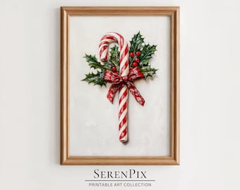 Vintage Candy Cane Christmas Print: Holly & Ribbon (Digital Art)