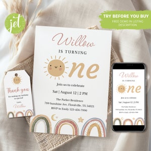 Boho Rainbow 1st Birthday Invitation: Editable Muted Tones (Digital)