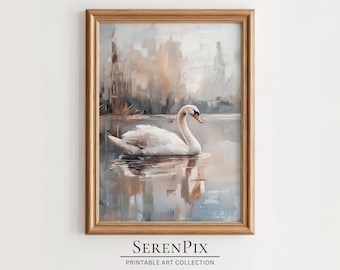 Vintage Swan Oil Painting: Dark Cottagecore Farmhouse Wall Art (Digital Download)