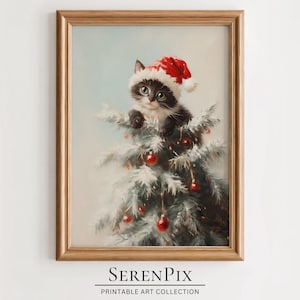 Cute Christmas Kitten in Tree Wall Art, Kitten Decor, Cozy Christmas Decor, Winter Wall Decor, Holiday Decor, Cat Lover Gift, Digital Art