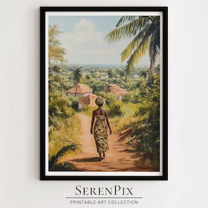 African Village Wall Art, Ethnic Oil Painting, Afrocentric Decor, Black Woman in African Countryside, Neutral Tones Decor for Modern Home