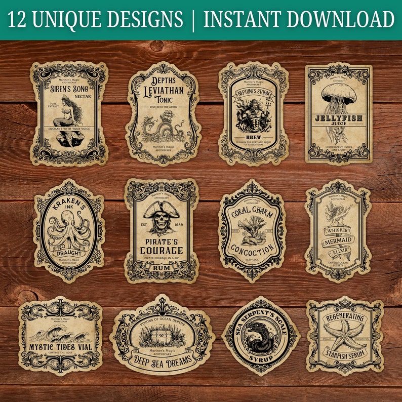 May include: Twelve printable vintage-style potion bottle labels featuring nautical themes. The labels feature illustrations of sea creatures, ships, and other nautical imagery. The labels are designed to be printed and used on bottles of homemade potions or other liquids.
