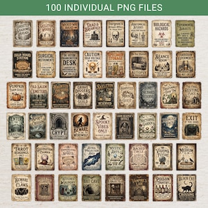 Pu&ograve; includere: Una collezione di 100 cartelli digitali rettangolari individuali con vari temi spettrali, gotici e soprannaturali con tipografia e illustrazioni in stile vintage, tra cui etichette come Ghostly Shadows e Poison Pantry.