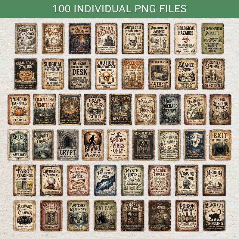 Pu&ograve; includere: Una collezione di 100 cartelli digitali rettangolari individuali con vari temi spettrali, gotici e soprannaturali con tipografia e illustrazioni in stile vintage, tra cui etichette come Ghostly Shadows e Poison Pantry.
