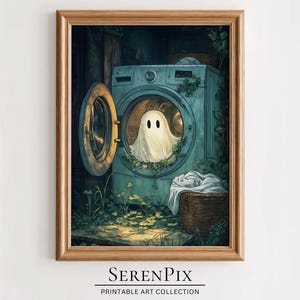 Arte de fantasma espeluznante en la lavadora: Póster de lavandería de Halloween (descarga digital)
