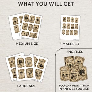 May include: A collection of printable apothecary labels featuring vintage-style designs with text like Arsenic, Dragon's Bane, and Strychnine. The set includes medium, small, and large size sheets, plus individual PNG files for custom printing options.