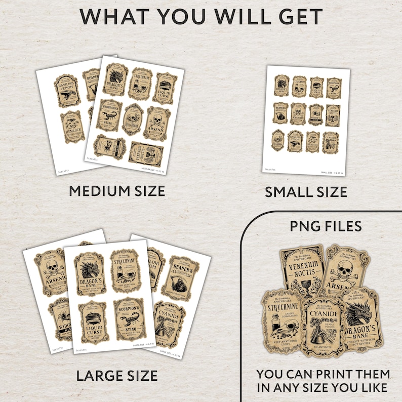 May include: A collection of printable apothecary labels featuring vintage-style designs with text like Arsenic, Dragon's Bane, and Strychnine. The set includes medium, small, and large size sheets, plus individual PNG files for custom printing options.