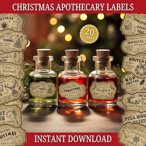 Peut inclure: Vingt étiquettes d'apothicaire de Noël imprimables avec des illustrations et du texte de style vintage. Les étiquettes sont conçues pour les petites bouteilles et les bocaux, avec des noms comme "Singing Christmas Vial", "Ancient Christmas Balm", et "Nor Nectar".