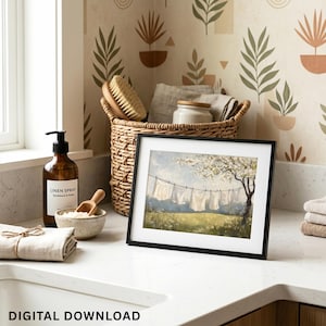 Vintage Laundry Room Wall Art, Rustic Clothesline Painting, Cottagecore Decor, Farmhouse Spring, Country Washroom Art (Digital Download) image 2