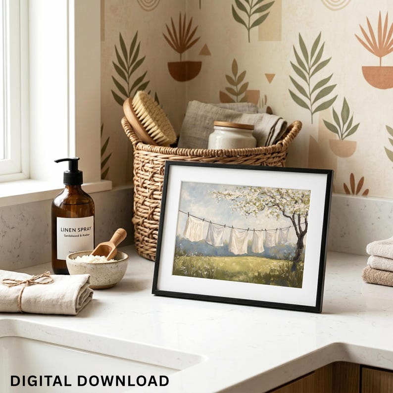 Vintage Laundry Room Wall Art, Rustic Clothesline Painting, Cottagecore Decor, Farmhouse Spring, Country Washroom Art (Digital Download) image 2