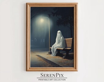 Fantôme effrayant à l'arrêt de bus - Impression d'art Halloween (art numérique)
