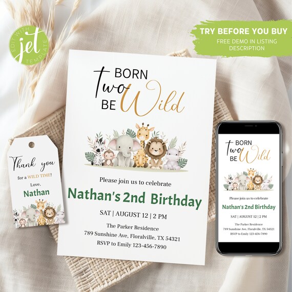 Editable Safari 2nd Birthday Invitation: Jungle Animals (Digital Download)