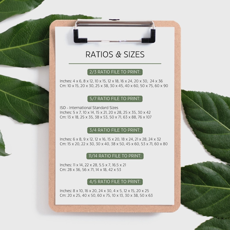 May include: A clipboard with a list of print ratios and sizes. The text includes inches and centimeters for various print sizes, such as 4x6 inches (10x15 cm) and 8x10 inches (20x25 cm). The document is on a wooden clipboard.
