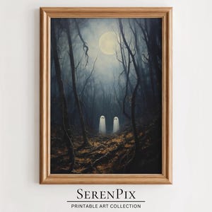 Impresión artística de fantasmas espeluznantes: Escena de bosque de Halloween (Arte digital)