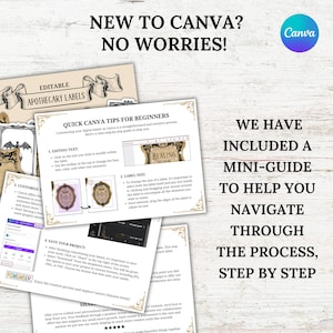 May include: A Canva tutorial guide with the text "New to Canva? No worries!" and "We have included a mini-guide to help you navigate through the process, step by step". The guide includes tips for editing text, changing label size, customizing elements, and saving your project.