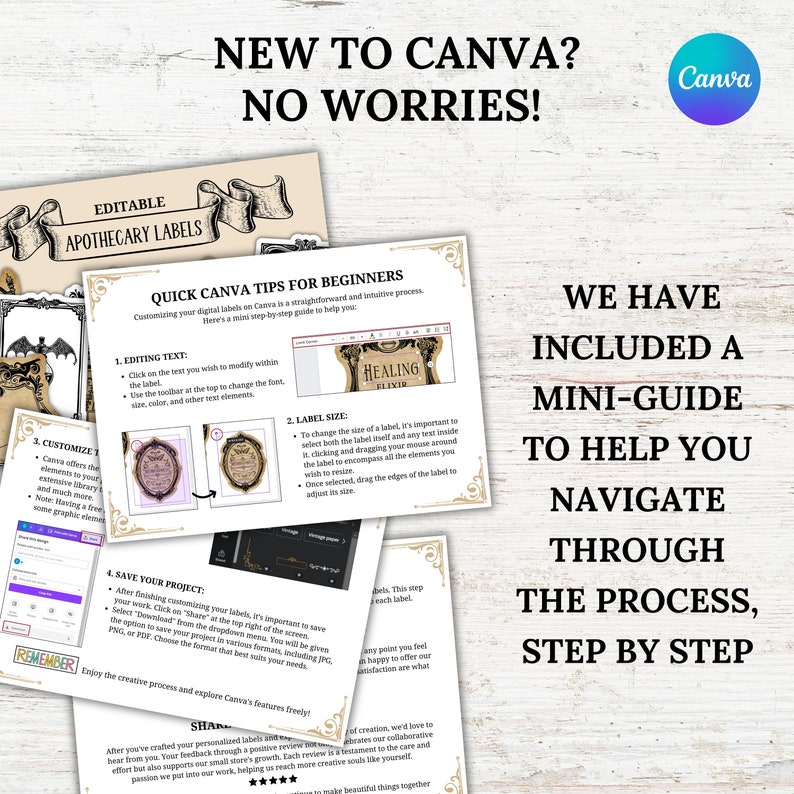 May include: A Canva tutorial guide with the text "New to Canva? No worries!" and "We have included a mini-guide to help you navigate through the process, step by step". The guide includes tips for editing text, changing label size, customizing elements, and saving your project.