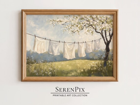 Vintage Clothesline Painting: Rustic Laundry Room Art (Digital Download)