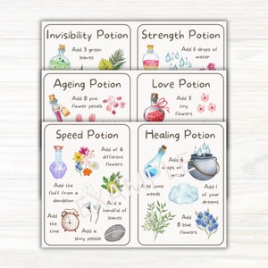 May include: A set of eight illustrated potion recipe cards with watercolor illustrations of ingredients and potions. The cards are titled: Invisibility Potion, Strength Potion, Ageing Potion, Love Potion, Speed Potion, Healing Potion.