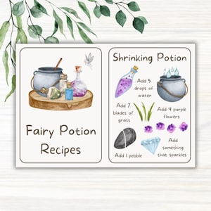 Schede di ricette stampabili per la cucina di fango, pozioni delle fate, risorse di apprendimento educativo, attività estive, scuola forestale all'aperto, gioco di ruolo