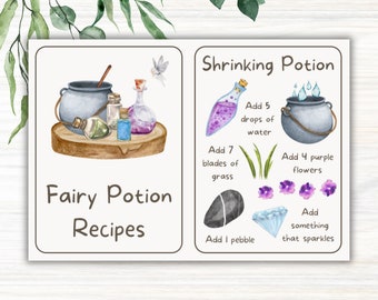 Tarjetas de recetas de cocina de barro para imprimir, pociones de hadas, recursos de aprendizaje educativo, actividades de verano, escuela forestal al aire libre, juegos de rol