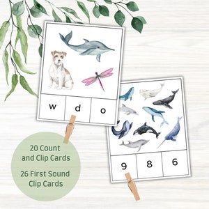 Clip Cards Bundle, Beginning Sound Clip Cards, Count and Clip Cards, Montessori, Phonics, Alphabet, Mathematics, Preschool