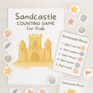 May include: A children's counting game set with a sandcastle theme. The set includes a game board with the text "Sandcastle COUNTING GAME for Kids", recipe cards, and circular game pieces with starfish, pebbles, flowers, buckets, and shells.
