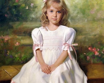 May include: An oil painting of a young child with blonde hair wearing a white dress with smocked detailing on the bodice, puff sleeves, and pink ribbon accents. The child has a pink hair bow and is barefoot. The text Leon Loard is in the corner.