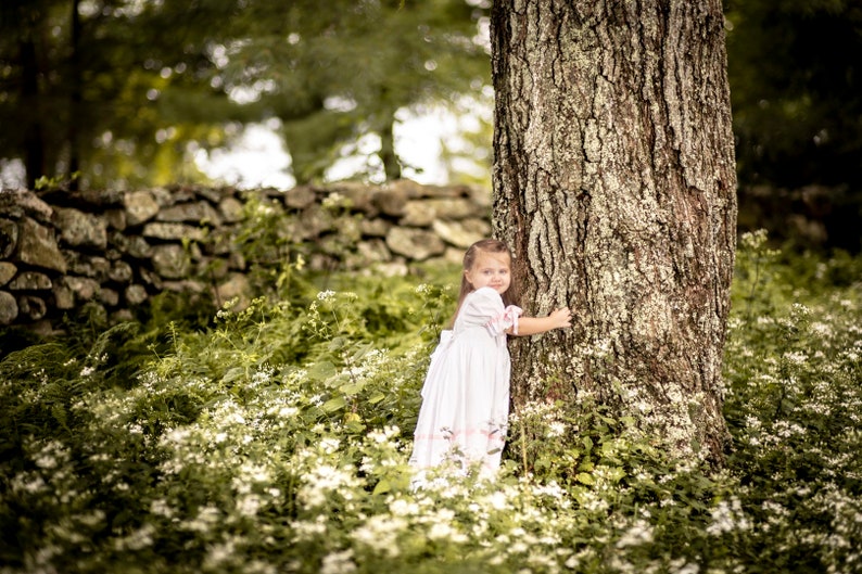 May include: A young child with light brown hair wearing a long white dress with pink ribbon accents. The dress features short puffed sleeves and a full skirt. The child is standing in a field of small white flowers next to a large tree trunk.