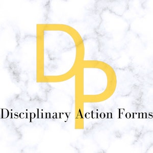 May include: A logo for Disciplinary Action Forms, featuring a stylized yellow "DP" on a white marble background.