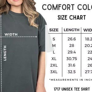 Comfort Colors size chart graphic showing measurement placement and a table of length and width by size from S through 3XL. The layout helps shoppers compare fit and pick the right size before ordering. Useful for reducing returns and sizing questions.