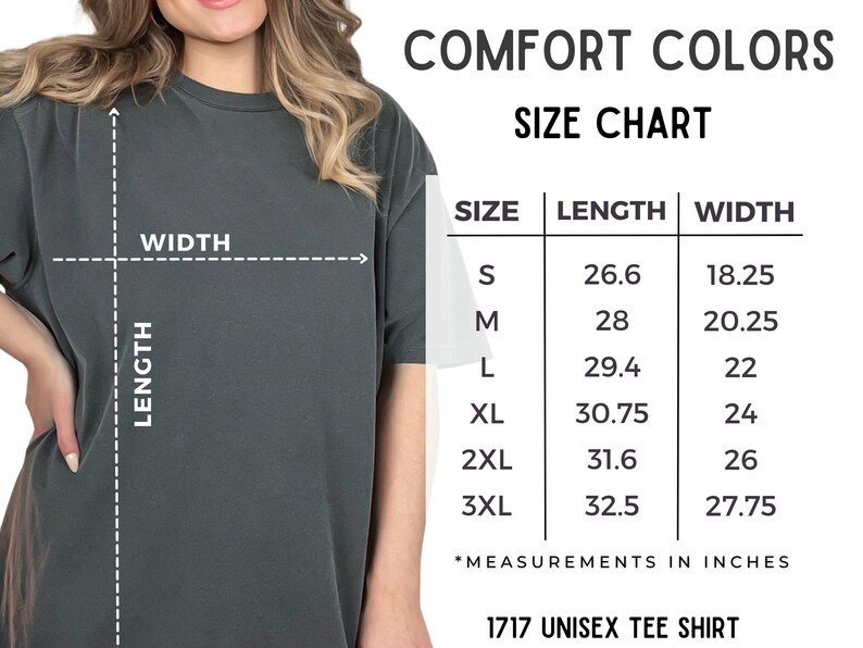 Comfort Colors size chart graphic showing measurement placement and a table of length and width by size from S through 3XL. The layout helps shoppers compare fit and pick the right size before ordering. Useful for reducing returns and sizing questions.