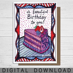 Handgezeichnete Geburtstagskarte Digital Download, Kuchen Karte, schöne Karte für Frauen, Geschenk für Kinder, illustrierte Karte für Freunde