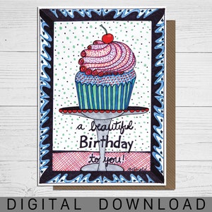 Handgezeichnete Geburtstagskarte Digital Download, Cup Cake Karte, schöne Karte für Frauen, Geschenk für Frauen, illustrierte Karte für Freunde