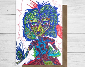 Hand Drawn Blank Greeting Card Download, Science Fiction Card, Sci-fi Card for Women, Alien Gift for Women, Illustrated Card for Friends