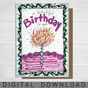 Handgezeichnete Geburtstagskarte Digital Download, Kuchen Karte, schöne Karte für Frauen, Geschenk für Frauen, illustrierte Karte für Freunde