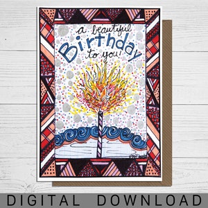 Téléchargement numérique de carte de voeux d'anniversaire dessiné à la main, carte de gâteau, belle carte pour les femmes, cadeau pour les femmes, carte illustrée pour les amis