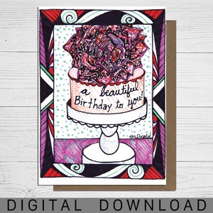 Handgezeichnete Geburtstagskarte Digital Download, Kuchen Karte, schöne Karte für Frauen, Geschenk für Frauen, illustrierte Karte für Freunde