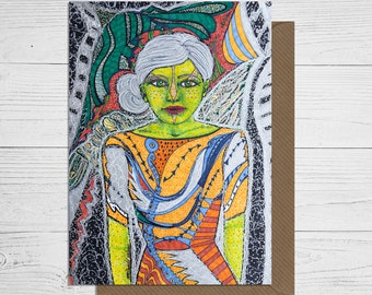 Hand Drawn Blank Greeting Card Download, Science Fiction Card, Sci-fi Card for Women, Alien Gift for Women, Illustrated Card for Friends