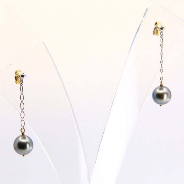 Vintage 18K Black Pearl Drop Earrings Dangle White Gold & Yellow Gold Clips