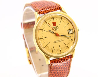 18 Carat Omega F300 Yellow Gold 35MM Tuning Fork Vintage Luxury Watch Omega Leather Strap Boxed Refurbished
