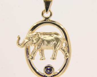 Vintage 9ct Hallmarked Gold Elephant Pendant with Gem Accent Animal Gift