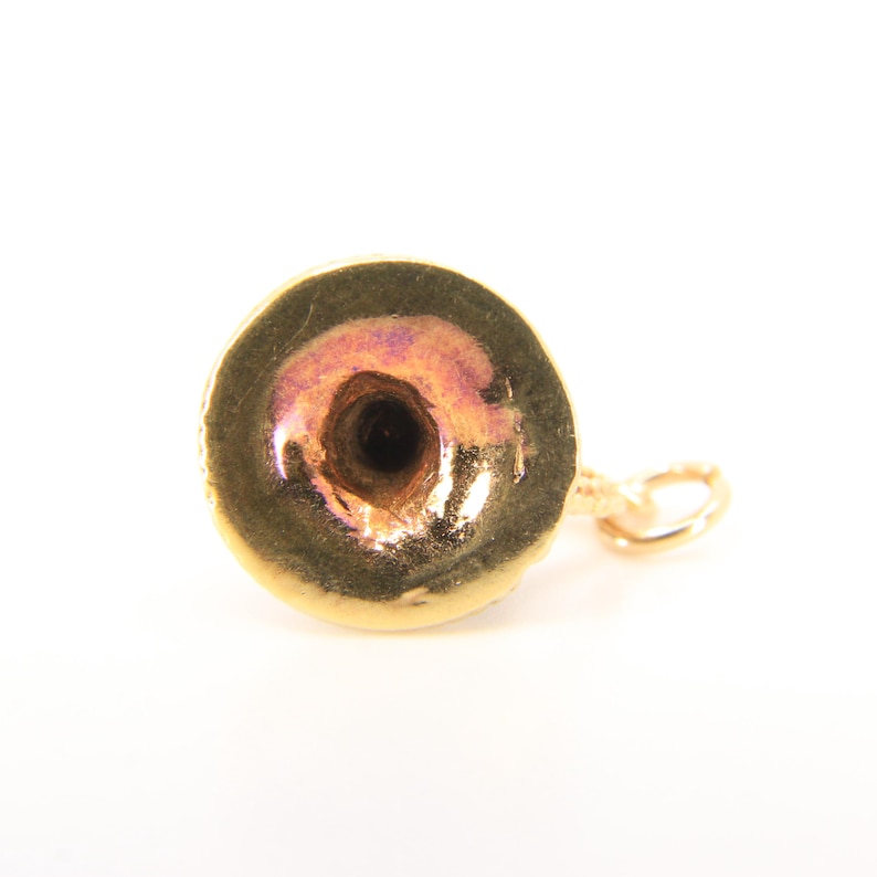 Puede incluir: Un peque&ntilde;o dije de color dorado con forma circular y un agujero central. El dije tiene un brillo met&aacute;lico con toques de rosa y morado. Un peque&ntilde;o cierre dorado est&aacute; unido al costado.