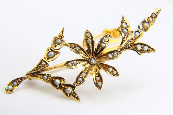 Antique Edwardian 9ct Gold Pearl Set Floral Spay … - image 3