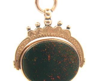 Antique 9ct Gold Hallmarked Spinner Pendant Fob | Bloodstone & Carnelian Double-Sided Oval Charm | 9 Carat Yellow Gold Gift