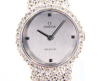 Vintage 18ct Omega De Ville Ladies Cocktail Watch – White Gold & Diamond, Boxed Swiss Luxury Timepiece