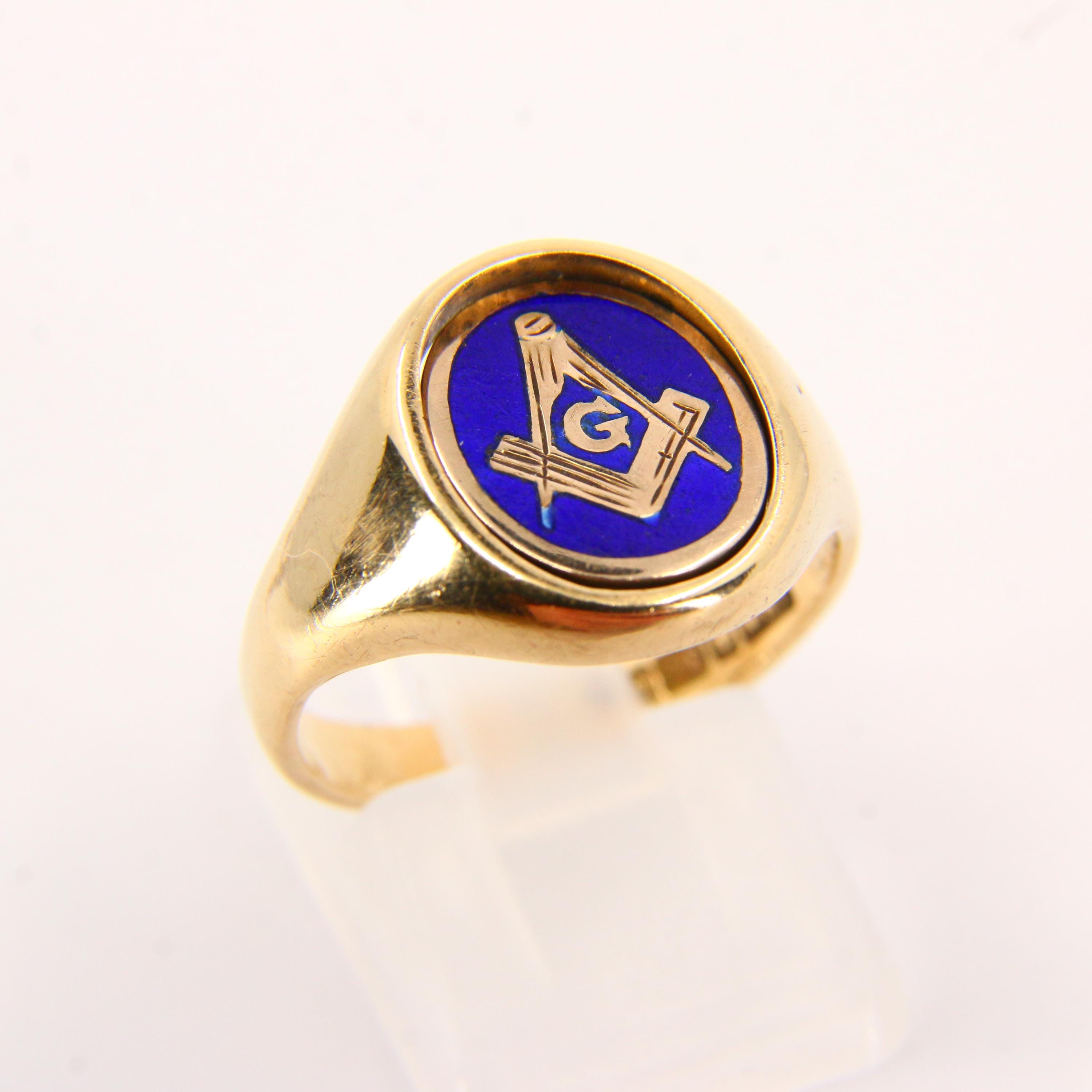 Vintage 9ct Gold Masonic Spinner Ring: Blue Enamel, UK Size P 1/2