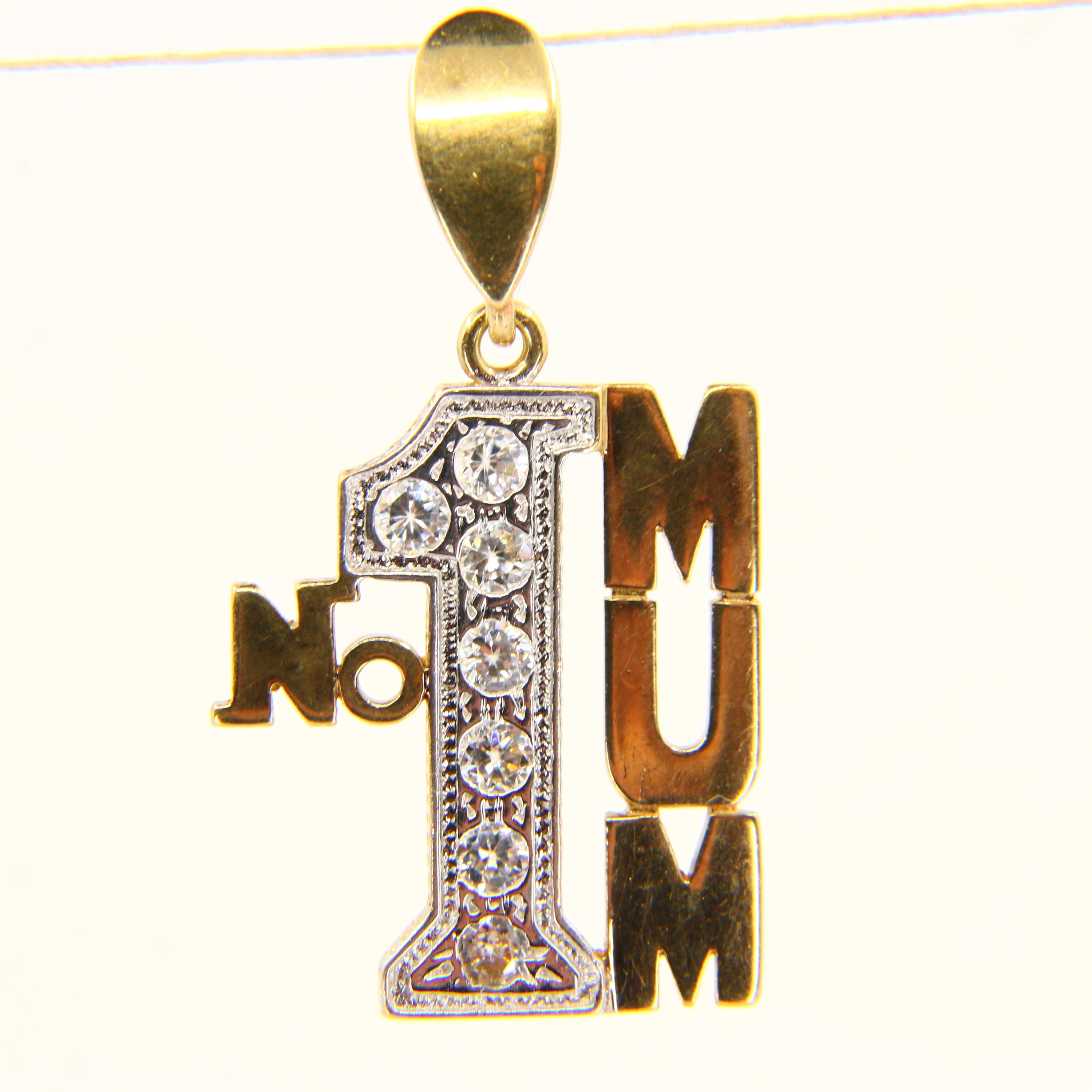 Vintage 9ct NO1 MUM Mother CZ Cubic Zirconia Solid Gold Pendant